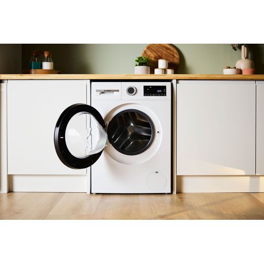 Bosch Series 6 WGG24400GB 9kg Washing Machine with 1400 rpm - White - machine with door open in kitchen shot